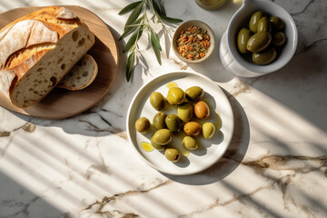 Fototapeta na wymiar Mediterranean Gastronomy - Green olives, bread, olive oil. Generative AI