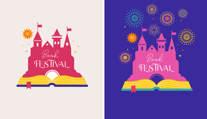 Book festival logo and background with open book and fairy tale castle