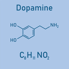 Chemical structure of Dopamine (C8H11NO2). Chemical resources for teachers and students. Vector illustration isolated on white background.