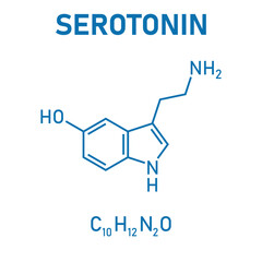 Chemical structure of Serotonin (C10H12N2O). Chemical resources for teachers and students. Vector illustration isolated on white background.
