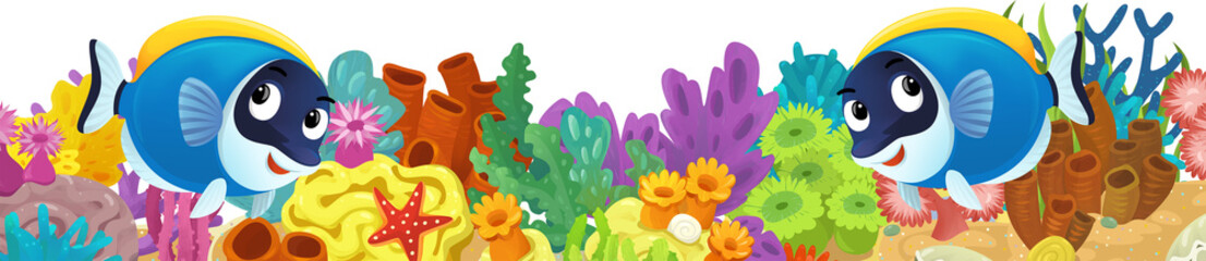 cartoon scene with coral reef and happy fishes swimming near isolated illustration for children