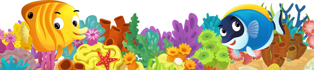 cartoon scene with coral reef and happy fishes swimming near isolated illustration for children