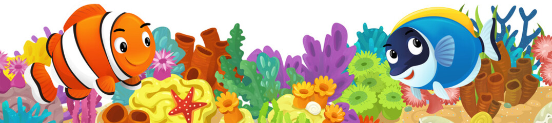 cartoon scene with coral reef and happy fishes swimming near isolated illustration for children