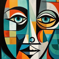 Abstract painting in the style of cubism, female portrait. A young woman in vibrant colors on a square canvas.