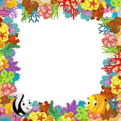cartoon scene with coral reef and happy fishes swimming near isolated illustration for children
