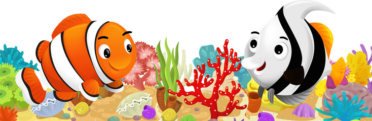 cartoon scene with coral reef and happy fishes swimming near isolated illustration for children