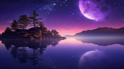 Naklejka premium Beautiful Night Sky Epic Fantasy Landscape of Purple Galaxies Moonlit Reflection, Fantasy Wallpaper Tree lined Oceans, Night Landscape AI generative 