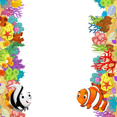 cartoon scene with coral reef and happy fishes swimming near isolated illustration for children