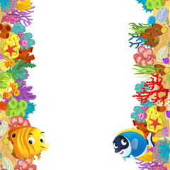 cartoon scene with coral reef and happy fishes swimming near isolated illustration for children