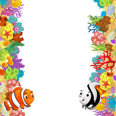 cartoon scene with coral reef and happy fishes swimming near isolated illustration for children