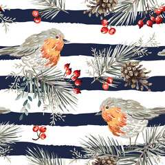 Christmas seamless pattern, robin birds, pine twigs, cones, red berries, striped background. Vector illustration. Nature design. Winter season greeting. New Year holidays