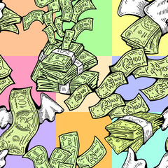 Money seamless vector pattern background for print design. Hundred dollars banknotes, a lot of cash for finance. economy, business success theme. Hand drawn line illustration, cartoon style drawing.