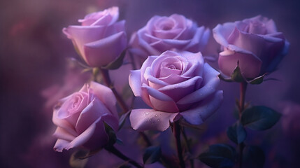Fototapeta na wymiar mehrere lila violet Rosen in Blütezeit. Generative Ai.