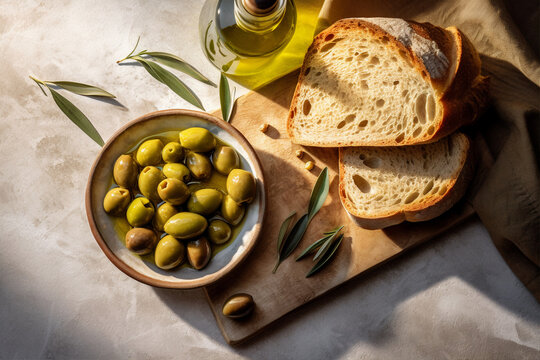 Mediterranean Delights - green olives in ceramic bowl with bread. Generative AI