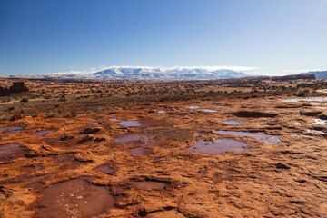 Puddles with reflections at Arches National Park and La Sal Mountains in background, Utah, USA