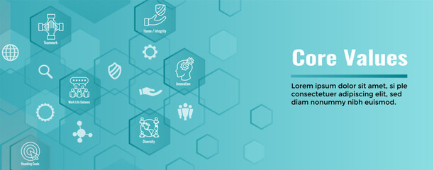 Core Values or Mission and Vision Icon Set w Web Header Banner