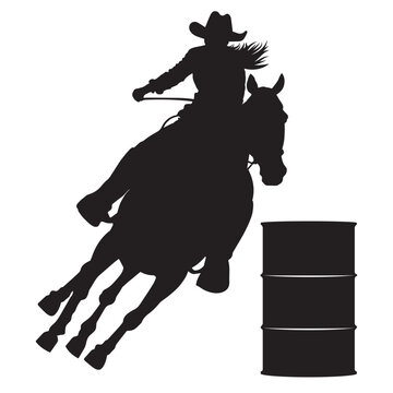 recommend clip art: Barrel Racing Design with Female Horse and Rider Silhouette Image Black White