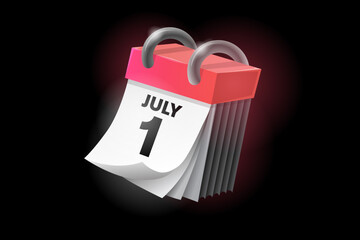 July 1 3d calendar icon with date isolated on black background. Can be used in isolation on any design.