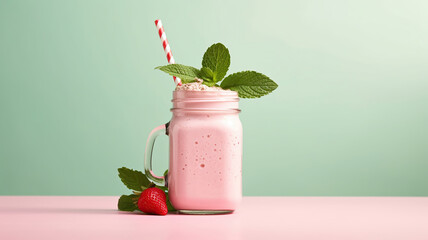 Strawberry smoothie or milkshake in mason jar decorated mint on pink table. Generative Ai