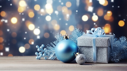 Beautiful Christmas banner with Christmas decorations, gift boxes, sparkling bokeh, christmas tree branches on wooden background. Generative Ai