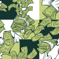 Money seamless vector pattern background for print design. Hundred dollars banknotes, a lot of cash for finance. economy, business success theme. Hand drawn line illustration, cartoon style drawing.