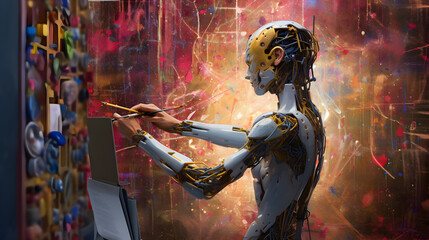 AI Artificial Intelligence Humanoid painting on canvas, AI art generator technology concept, Generative AI illustration - obrazy, fototapety, plakaty