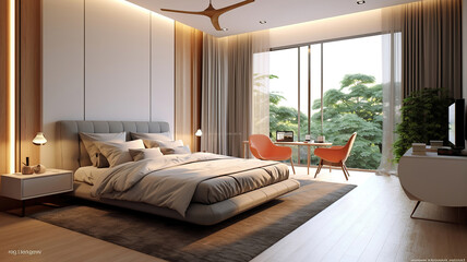 Stylish interior of modern bedroom. Generative Ai
