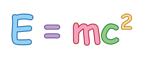 Einstein's formula. Energy, mass and speed of light equation. EMC formula. Mass and energy Einstein equation. Physics resources for teachers and students. Vector illustration.