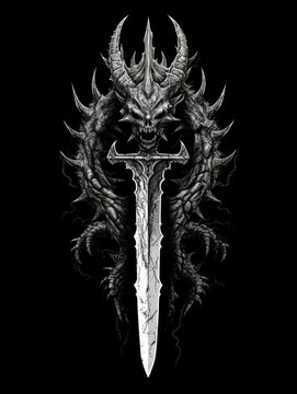 Demon sword black and white. Print for T-shirts. Generative AI