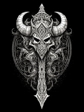 Demon sword black and white. Print for T-shirts. Generative AI