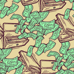 Money seamless vector pattern background for print design. Hundred dollars banknotes, a lot of cash for finance. economy, business success theme. Hand drawn line illustration, cartoon style drawing.