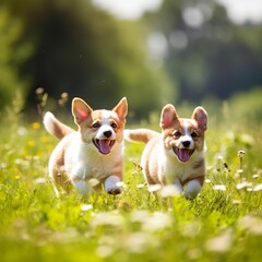 Playful Welsh Corgi Puppies Frolicking in the Meadow