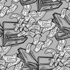Money seamless vector pattern background for print design. Hundred dollars banknotes, a lot of cash for finance. economy, business success theme. Hand drawn line illustration, cartoon style drawing.