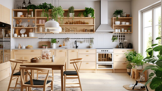 Scandinavian classic kitchen with wooden decor and green plants, minimalistic interior design. Generative Ai