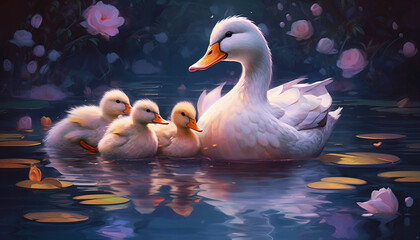 Family of white ducks on a beautiful pond at night. Ducklings with mom. Created with AI.