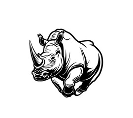 Black and white drawing of a rhinoceros for coloring, or a rhinoceros logo on a white background. Vector illustration