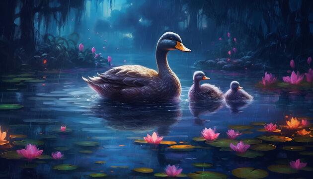 Swan with ducklings on the pond. The black swan swims in the night lake. Created with AI.