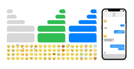 Text message bubbles with emojis and phone mockup, Smart phone chatting sms template