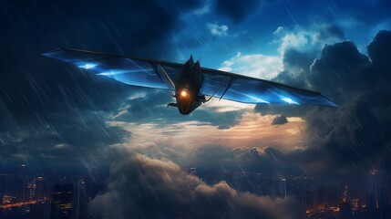 An unmanned military drone conducts night reconnaissance over the city, the plane flies in the sky. Created with AI.