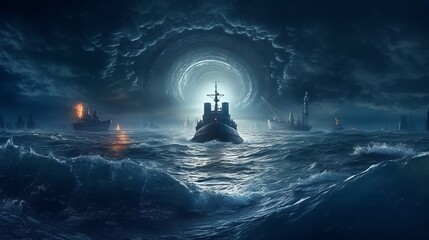 Военный корабль, авианосец в океане на фоне штормового неба. Создан с помощью ИИ.