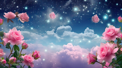 Fototapeta na wymiar Fantasy magical morning or evening sky with fabulous romantic pink rose flowers garden, shining stars and mysterious clouds, idyllic tranquil scene, wide panoramic banner AI generative 