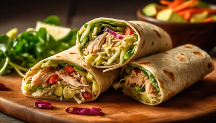 
Delicious Chicken Salad Wraps topped with Avocado Guacamole, Lime Juice, Chopped Vegetables and Wrapped in a Whole Wheat Tortilla. Studio photography. Generative IA.