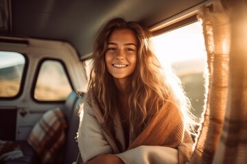 Young girl dares to go on vacation alone in her motorhome to live adventures. Ai generated.