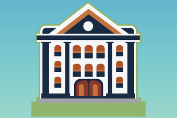 School with a green lawn. Icon. Flat vector illustration isolated on Any color of the background, School building in flat style. Modern school, college building. Vector illustration