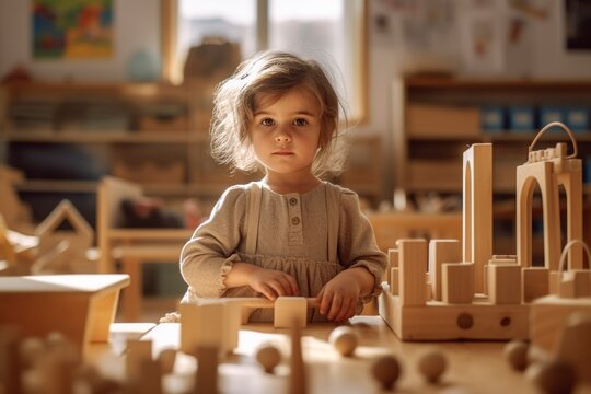 A child's hands-on education sparks creativity, imagination, and knowledge through Montessori materials. Ai generated.