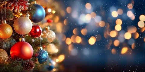 Fototapeta na wymiar Amidst a magical winter wonderland, shiny decorative balls adorn the Christmas panoramic background