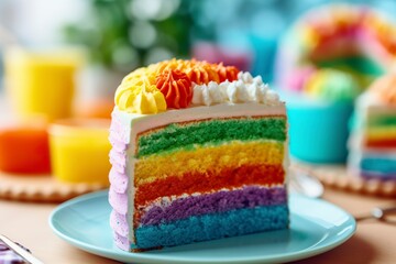 Detail of a colorful cream cake, with rainbow colored chocolate. Ai generated.