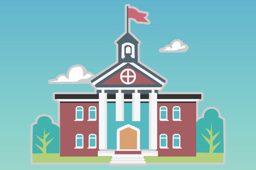 School with a green lawn. Icon. Flat vector illustration isolated on Any color of the background, School building in flat style. Modern school, college building. Vector illustration