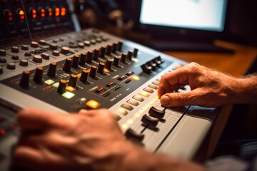Dive into the world of sound as a skilled technician expertly manipulates a control panel on a cutting-edge mixing console. Ai generated.