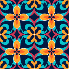 Fototapeta premium Seamless pattern geometric symmetry with repetition and optical illusions, teal, dark blue, orange, yellow, Generative AI